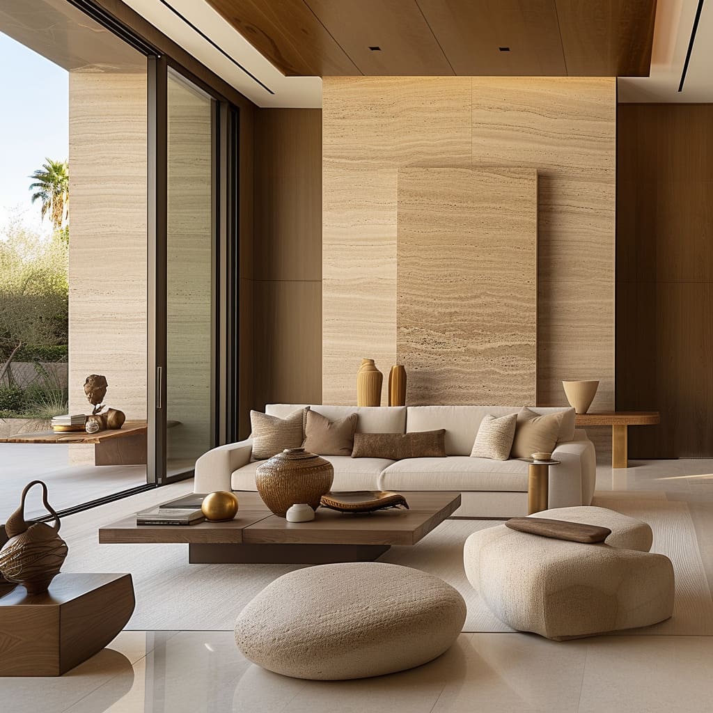 Intérieur contemporain en travertin et essences naturelles